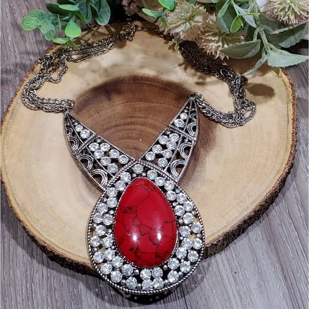 Large red‎ jeweled statement necklace